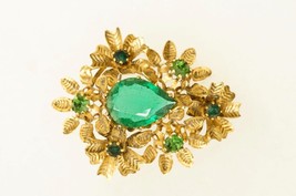 Vintage Costume Jewelry Austria Flower Green Rhinestone Gold Tone Brooch Pin - £23.05 GBP
