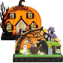 Halloween Tabletop Decoration, 2 Packs Wooden Lighted Battery Operated Holiday S - £36.37 GBP