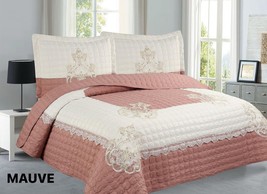 JUANA FLOWERS MAUVE PINK COLOR EMBROIDERY BEDSPREAD SET 3 PCS KING SIZE - £44.49 GBP