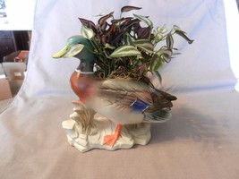 Painted Ceramic Mallard Duck on Rocks With Artificial Flowers Figurine (M) - £35.41 GBP
