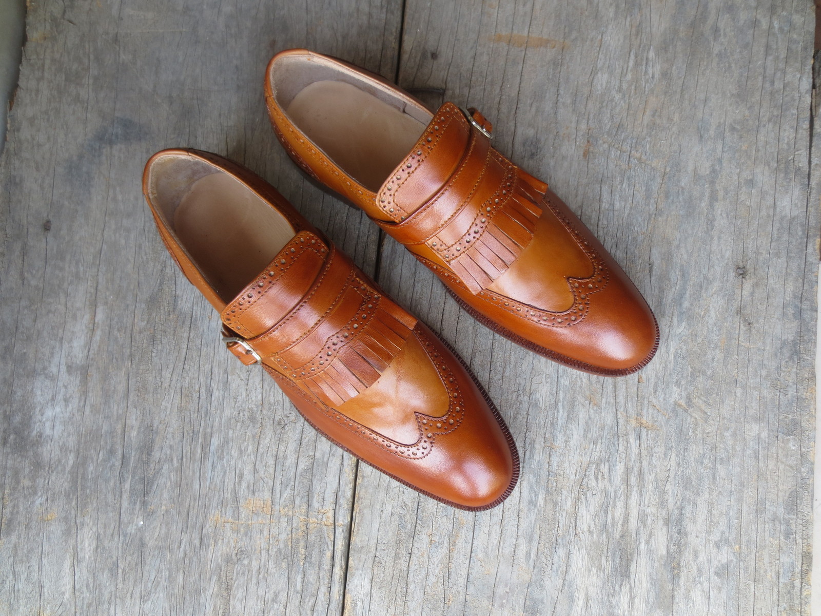 Handmade Men’s Tan Color Leather Shoes, Single Monk Strap Fringe Dress Formal