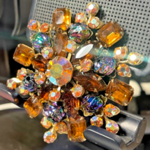 Vintage Large  Amber Brown Layered Rhinestone Brooch Pin- Sparkly - $60.43