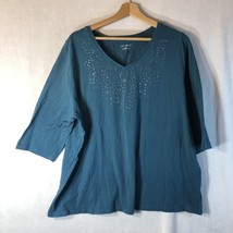 Catherines Size 1x 18/20 Green w Crystal Embellishment Knit Tee Shirt Co... - £19.73 GBP