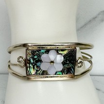 Vintage Alpaca Mexico Silver Tone Mother of Pearl Shell Flower Cuff Bracelet - £19.77 GBP