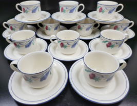 24 Pc Lenox Poppies On Blue Cups Saucers Set Chinastone Red Floral Blue Leaf Lot - £78.69 GBP