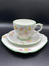 Bell China 3 pc tea trio, white bone china hand painted floral branch, green VTG - £16.25 GBP