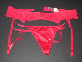 NWT Victoria&#39;s Secret Shimmer Lace Hot Red M/L Garter Belt + Matching panty - $45.00