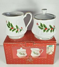 New Macys All The Trimmings Sugar &amp; Creamer Set J528 Holly Christmas Porcelain - £22.05 GBP