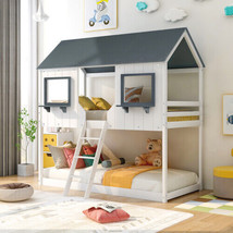 Twin Over Twin Bunk Bed Wood Bed with Roof, Window, Guardrail, Ladder (White) - £414.36 GBP