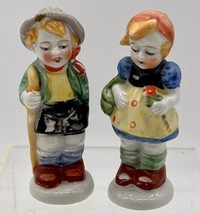 Occupied Japan Vintage Boy Girl Figurines 4 5/8&quot; Basket Flower Walking S... - £19.10 GBP