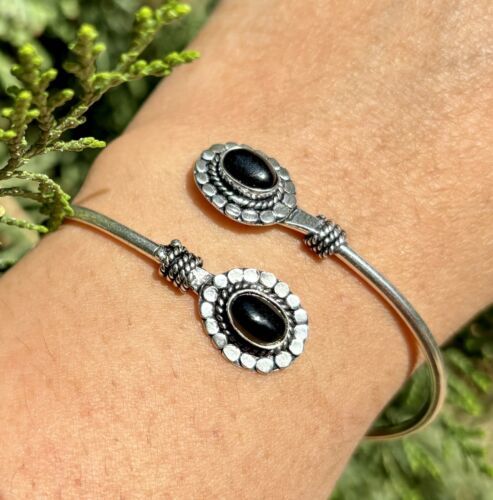 925 Sterling Silber plattiert natürlicher schwarzer Onyx Manschette Armreif A...