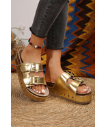 Gold Leathered Stud Dual Buckle Platform Slippers - $599.38 MXN