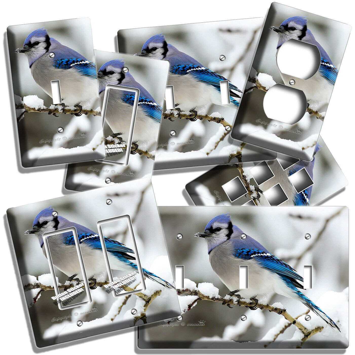 BLUE JAY BIRD ON THE TREE WINTER SNOW LIGHT SWITCH OUTLET WALL PLATES ROOM DECOR