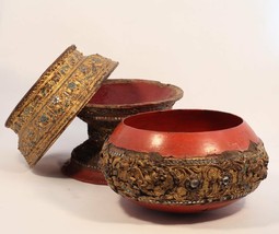 Burmese Shan 3 piece gold Lacquer Temple offering bowl on stand sale - $341.55