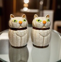 Otagiri Green Eye Cat Salt and Pepper Shakers Wicker Basket Look Japan Vintage - $22.44