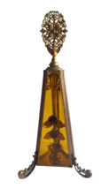 RARE! Antique Large Amber Glass &amp; Gold Gilt Triangle Perfume Bottle w/ Roses - £312.19 GBP