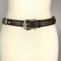 Fossil Brown Leather Women&#39;s Belt Sz Medium Conched Silver Metal Hinges EUC - £19.45 GBP