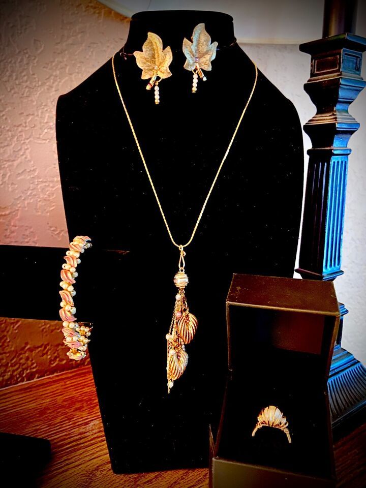 "Reinvented"Gold tone leaf charm cluster necklace, bracelet and vintage earrings - $40.00