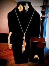 &quot;Reinvented&quot;Gold tone leaf charm cluster necklace, bracelet and vintage earrings - £31.46 GBP