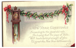 New Year Greetings Clock and strand of Holly Berry  New Year Postcard Posted - £7.74 GBP