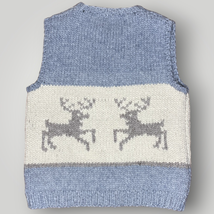 Vintage Knit Sweater Vest Reindeer Heavy Wool Handmade Gray Cream Zip Front L - £71.98 GBP