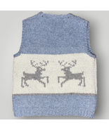 Vintage Knit Sweater Vest Reindeer Heavy Wool Handmade Gray Cream Zip Fr... - £72.30 GBP