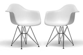 Set Of 2 White Eiffel Style Shell Dining Arm Chairs Wire Leg Steel Base - £171.19 GBP