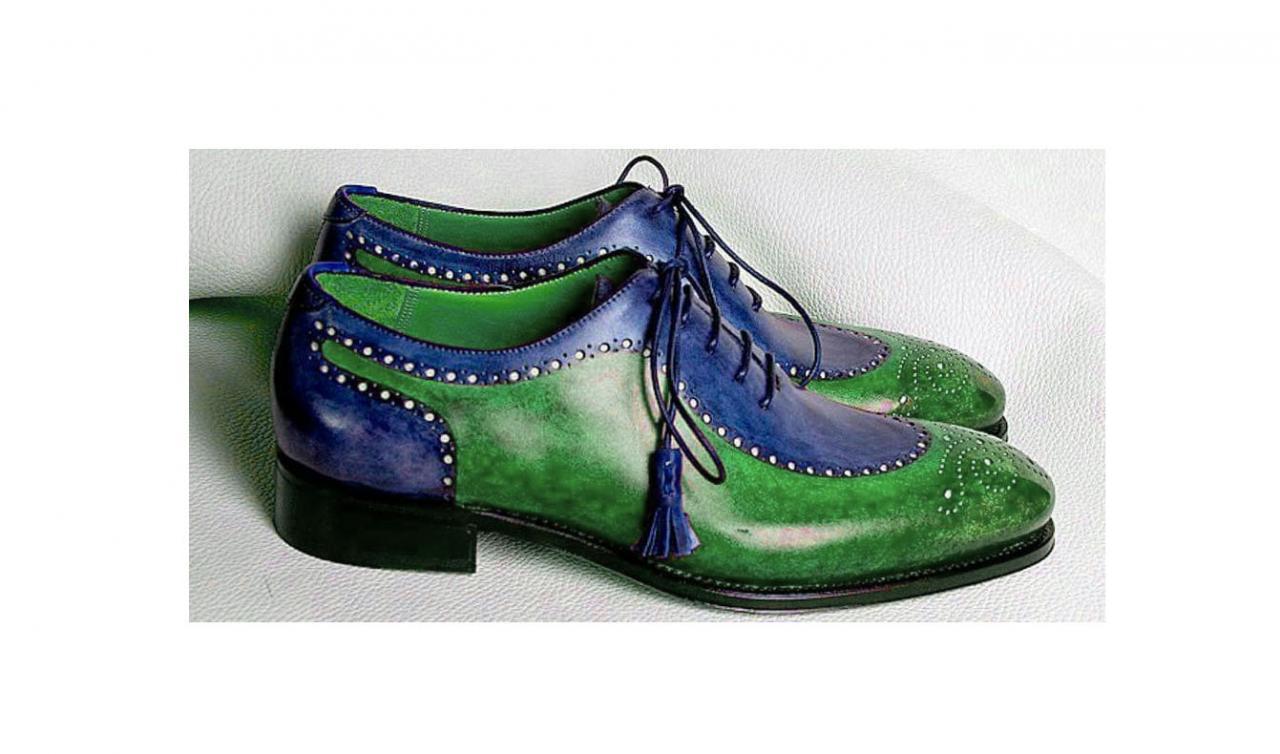 Blue Green Two Tone Wing Tip Brogue Toe Genuine Leather Handmade Laceup Shoes