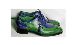 Blue Green Two Tone Wing Tip Brogue Toe Genuine Leather Handmade Laceup Shoes - £103.79 GBP