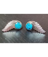 Turquoise and Sterling Silver Southwestern Feather Vintage Screwback Ear... - $75.65