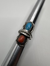 Vintage Sterling Silver Turquoise Coral Native American Leaf Ring Size 6 - £63.12 GBP