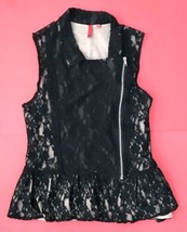 5/48 Black Lace Vest Top Juniors  Size Medium Side Zip Peplum Hem Edgy Goth - $15.84