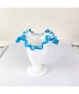 Fenton White Glass With Aqua Blue Ruffled Edge Footed - $21.78