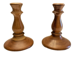 Candle Stick Holders 2 Wood Turned Handcrafted Signed &amp; Dated 1979 6 Inch Hi Vtg - £52.20 GBP