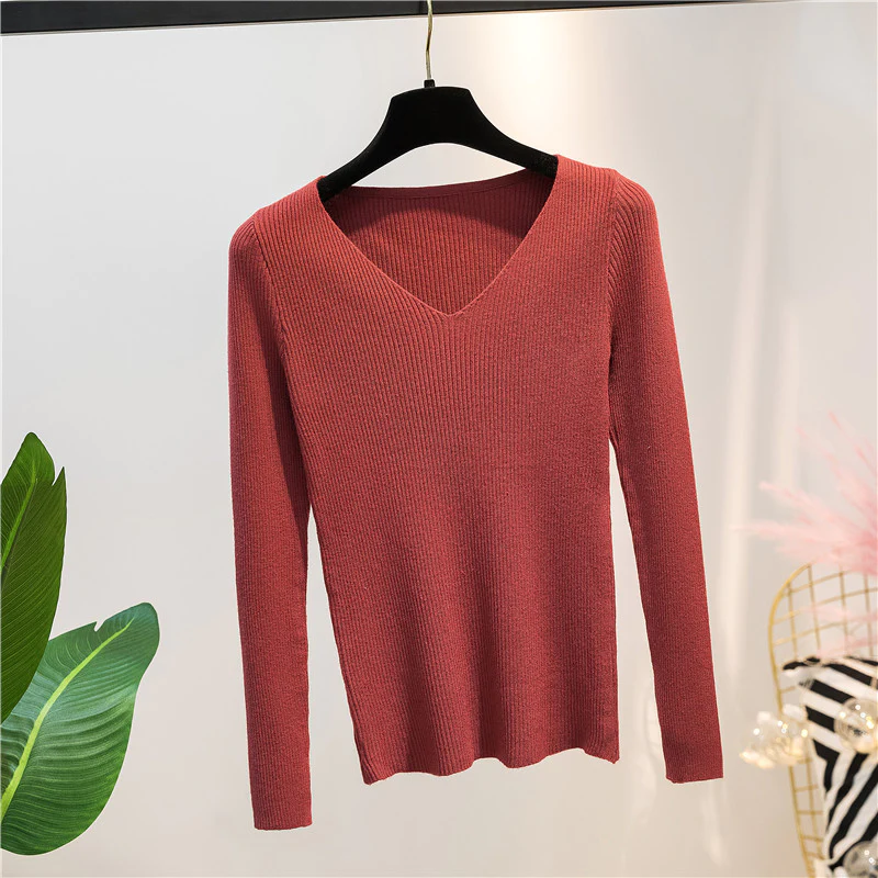 Brick Red Autumn And Winter V-neck Knitted Long-sleeved Slim - £28.06 GBP