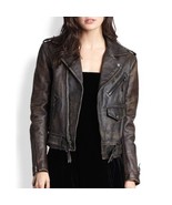Women Genuine Real Leather Slim Fit Brown Biker Jacket - $177.78 CAD