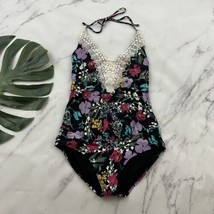 Sea Angel Womens One Piece Swimsuit Size S Black Pink Floral Lace Trim H... - $21.77