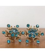 Vintage Blue Glass Rhinestone Snowflake Gold Toned Screw On Cluster Earr... - £31.23 GBP
