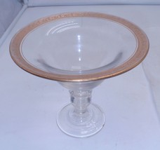 Glass Pedestal Candy Nut Bowl Round Dish Clear Glass w Gold Trim - £11.98 GBP