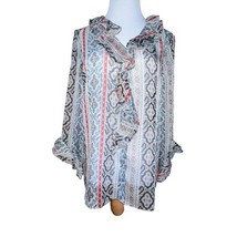 Zara Women Sheer Ruffle Neck Blouse Bell Sleeves Boho Size Large Tan Art... - $12.15