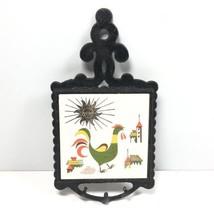 VTG Enesco Cast Iron Trivet Ceramic Tile Pot Holder Hooks Rooster Starbu... - $15.00