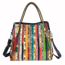 Color Matching Leather Women&#39;s Bag Color Leather Stripe Stitching Shoulder Tote  - £58.28 GBP