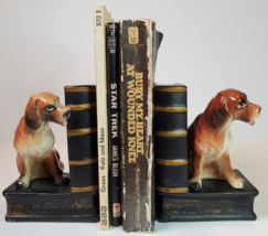 Vintage Dog Bookends Chalkware Ceramic Beagle Foxhound Coon Brown Pup Books - £42.60 GBP