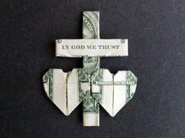 Heart &amp; Cross Money Origami Art Dollar Bill Sculptors Bank Note Diner Cash - £31.65 GBP