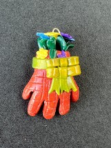 Hand Made Orange Polymer Clay Garden Glove w Green Ribbons &amp; Blue Yellow &amp; Purpl - £10.45 GBP