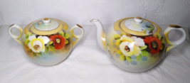 Vintage Teapot &amp; Sugar Bowl w/Lid Poppy Flowers Gold Trim Orange White Japan - £17.27 GBP