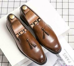 Handmade Men&#39;s Brown Tassel Loafer Cowhide Leather Moccasins Dress Formal Shoes - £102.63 GBP