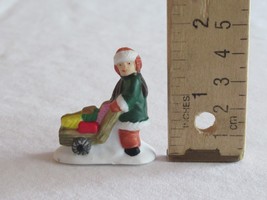 Christmas Village Figurine Boy Pushing Sled Wagon w/ Gifts Present ~1.7&quot; Ceramic - £7.40 GBP