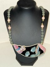 Vintage 1980&#39;S Mother Of Pearl Shell Flower 24&quot; Necklace Black,Gray,Pink Beads  - £25.56 GBP