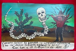 Mexican Folk Art  Terrified Man Runs Into Skeleton Snake Painted Ex Voto... - £30.02 GBP